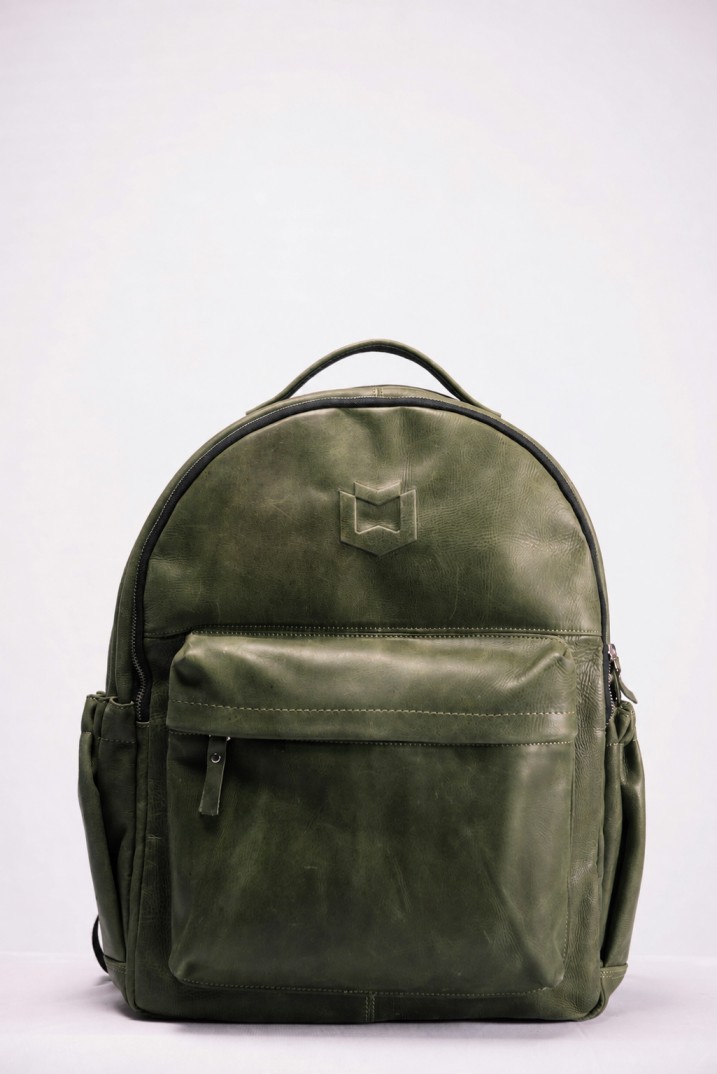 The same backpack in olive leather
