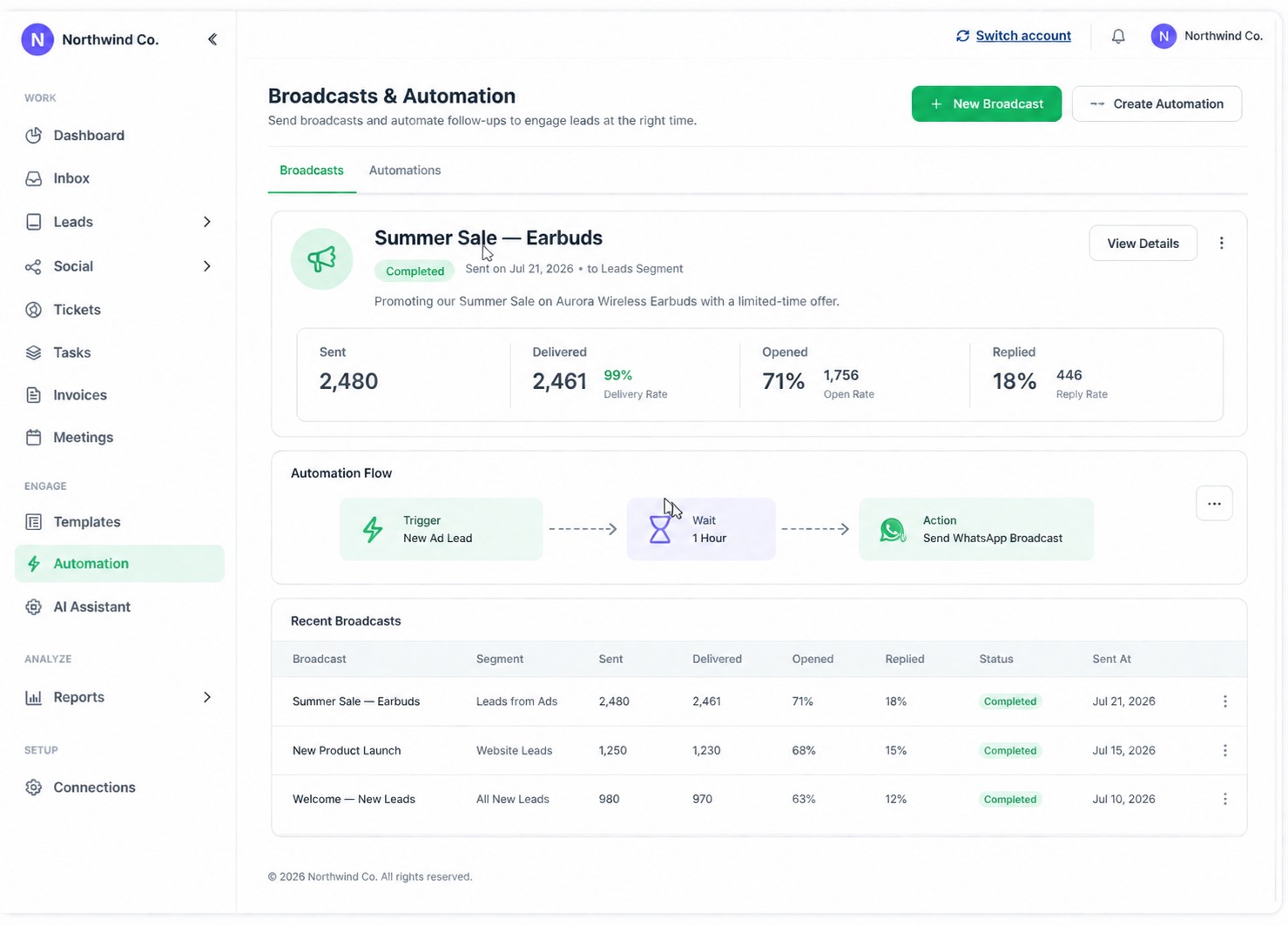 Broadcast Summer Sale to a segment with delivery and reply stats, plus a trigger-wait-send automation flow