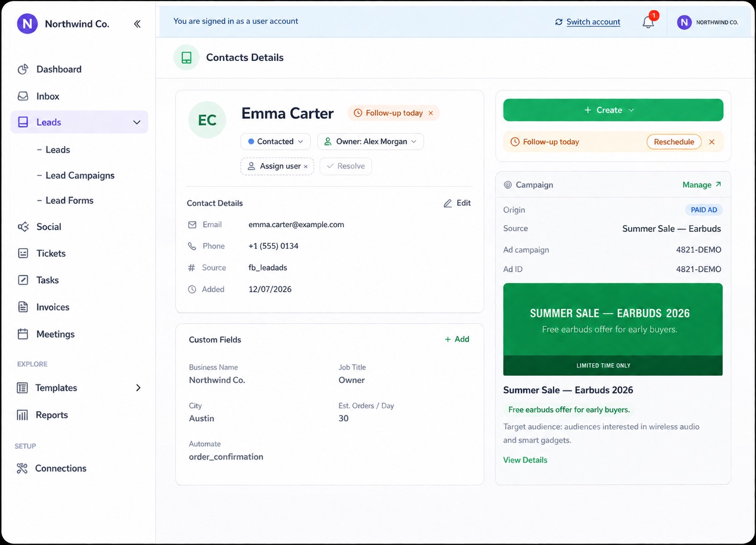 Lead detail for Emma Carter — contact info, campaign source, and a follow-up scheduled