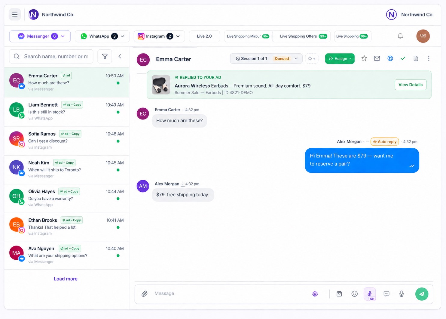 AI auto-reply answering a customer about Aurora Wireless Earbuds, with human handoff available