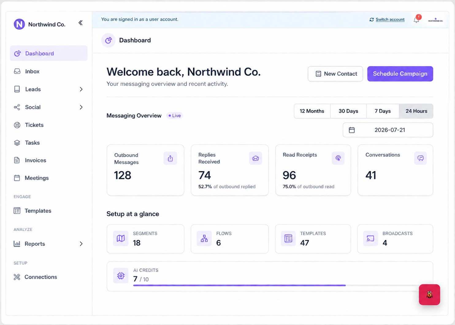 Northwind Co. dashboard — outbound messages, replies, read receipts and conversations