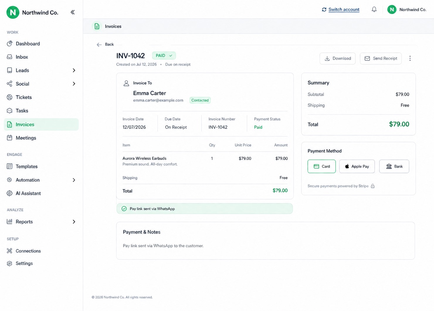 Paid invoice INV-1042 to Emma Carter for Aurora Wireless Earbuds, with card, Apple Pay and bank options